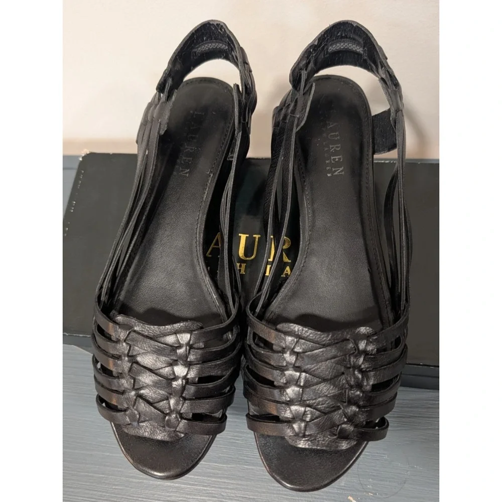 Lauren Ralph Lauren Rahima Black Leather Woven Slingback Wedge Sandals Size 9B